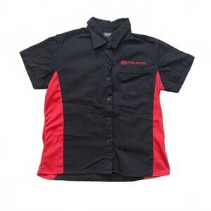 Polaris Racing Women's Sz M Button Up Black & Red Spell Out Logo Mechanic